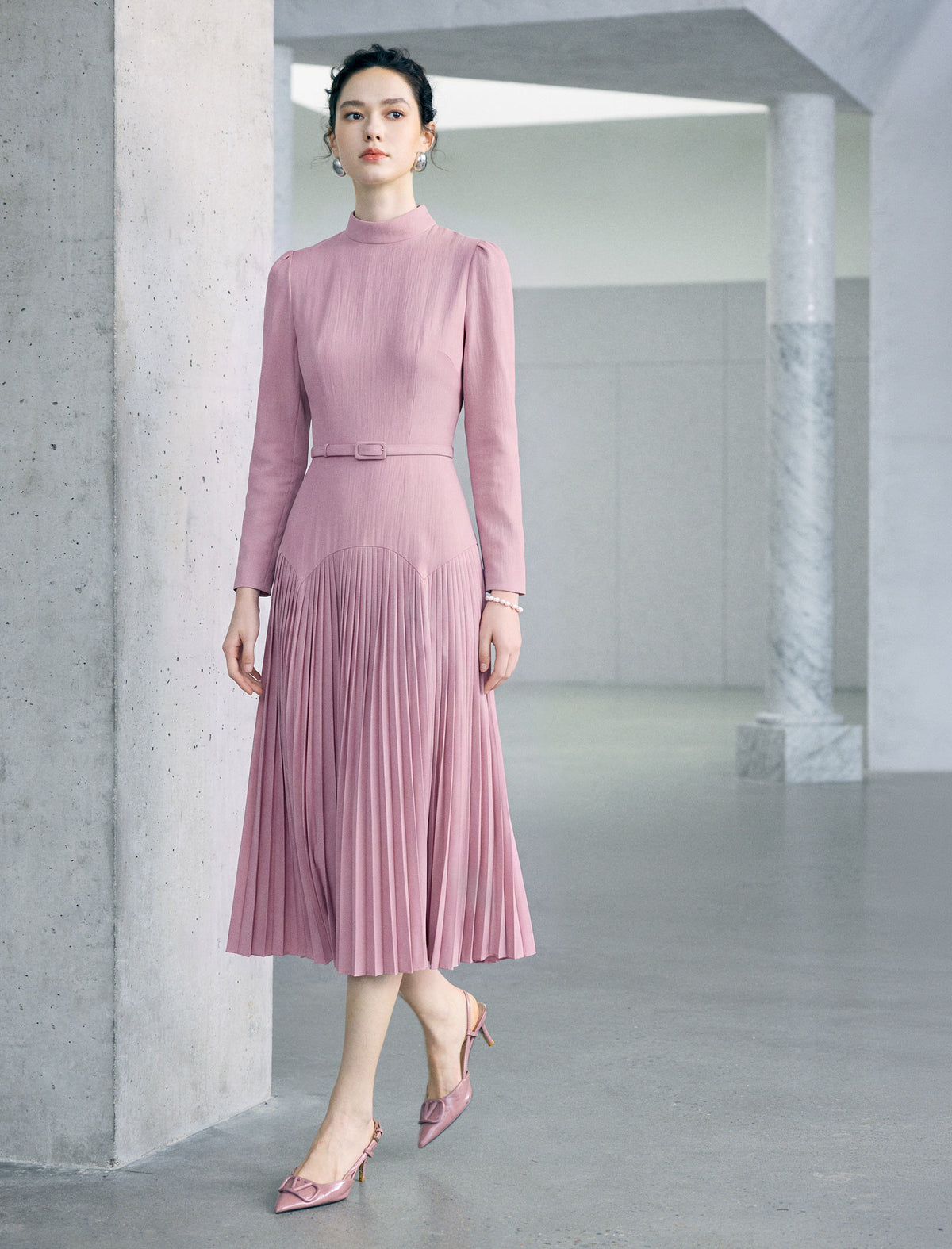Mock Neck Belted Long Sleeve Pleated Midi Dress