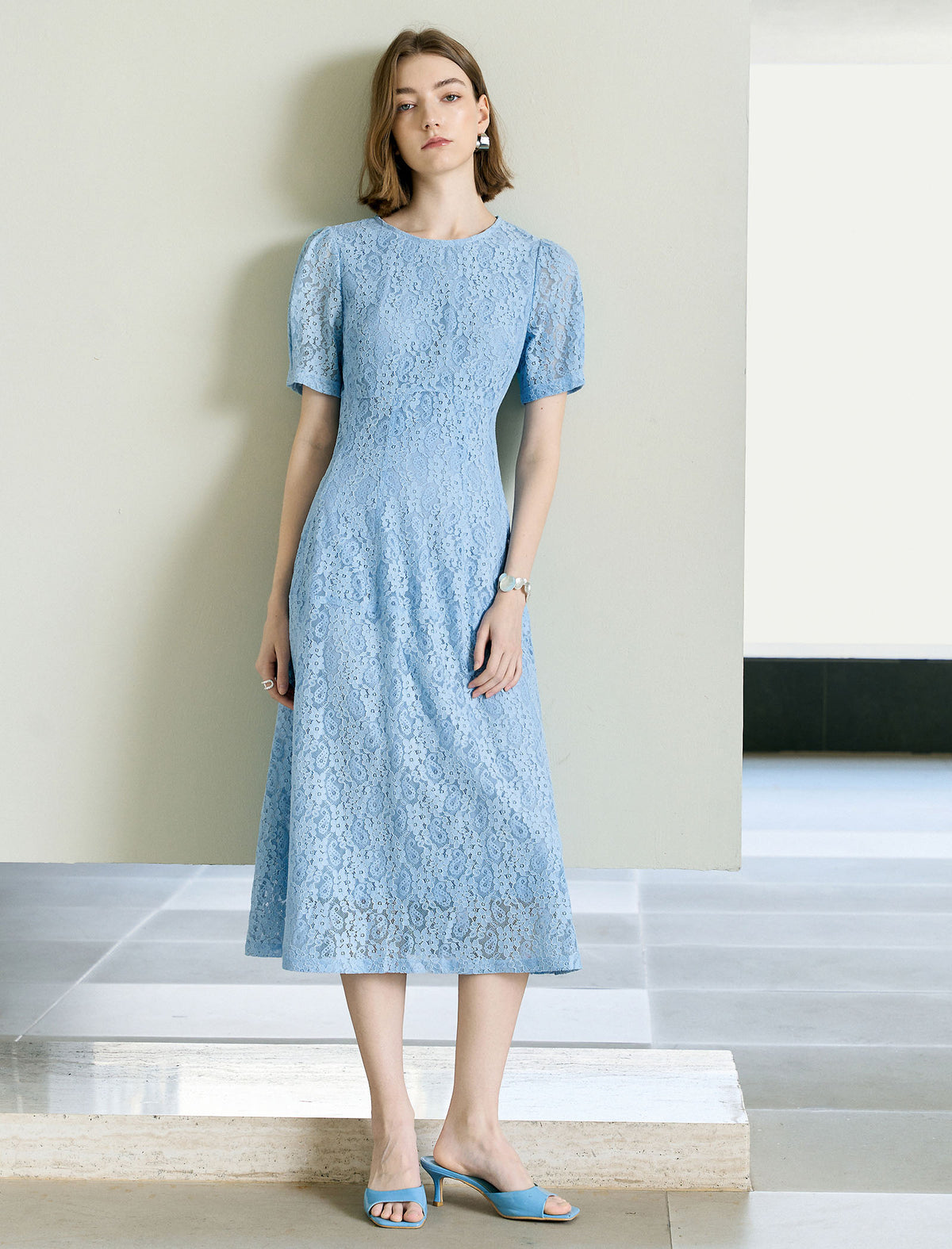 Light Blue Lace A-Line Midi Dress