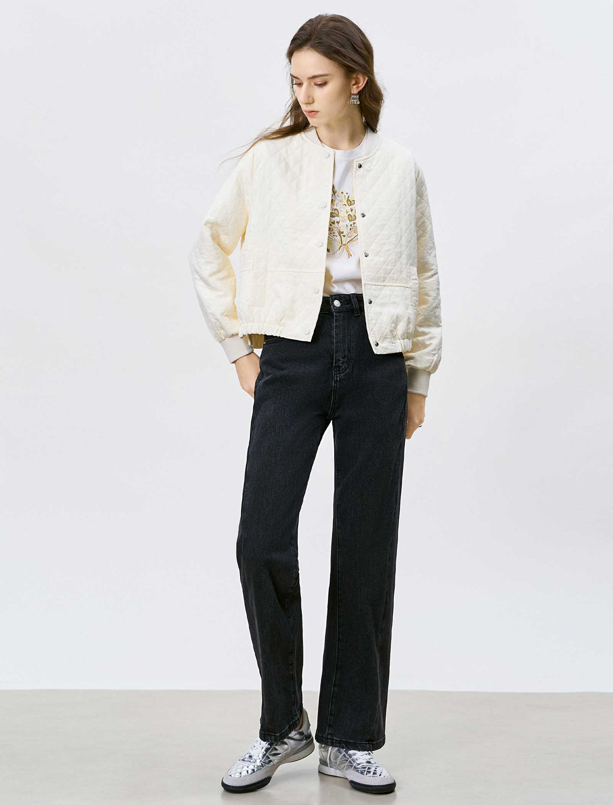 Cream Quilted Bomber Jacket