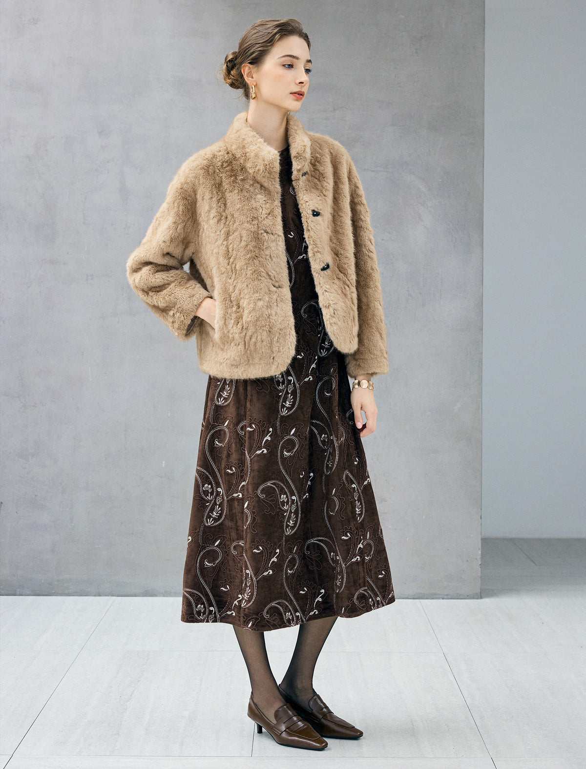 Embossed Stand-Collar Toggle Cropped Jacket