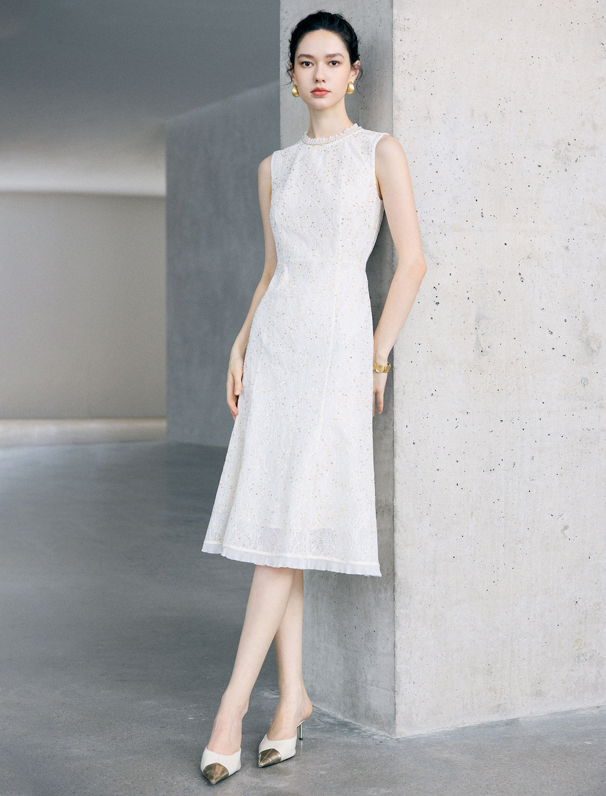Cream Sequin Lace Sleeveless A-Line Midi Dress