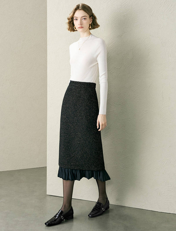 Black Tweed Wool-Blend Ruffle Hem Midi Skirt