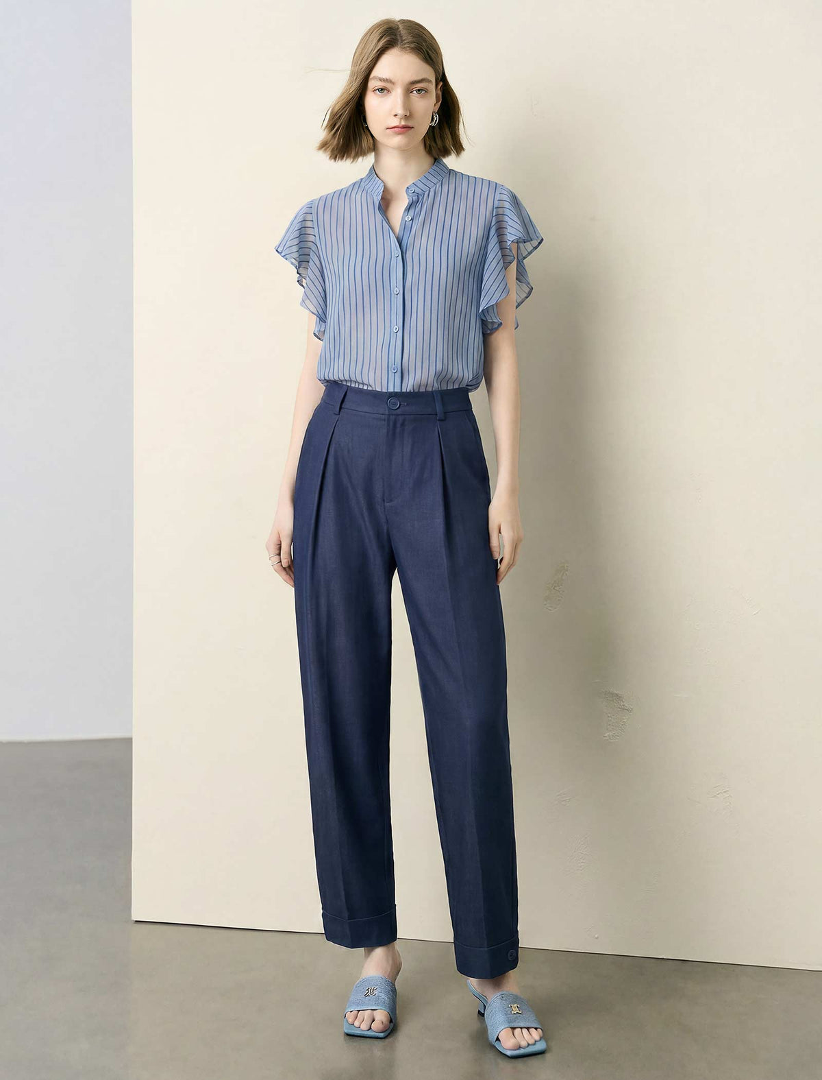 Stand‑Collared Striped Ruffle Short‑Sleeve Blouse