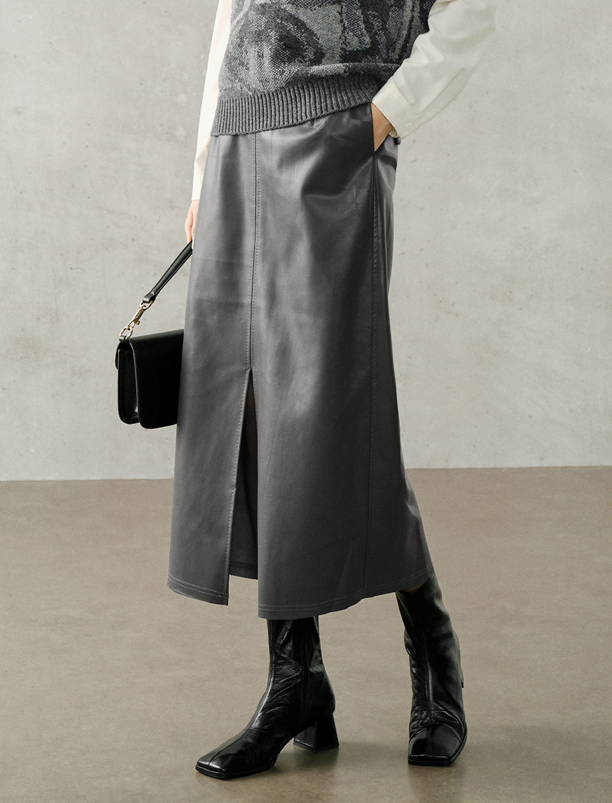 Gray Coated Wrap-Front Midi Skirt