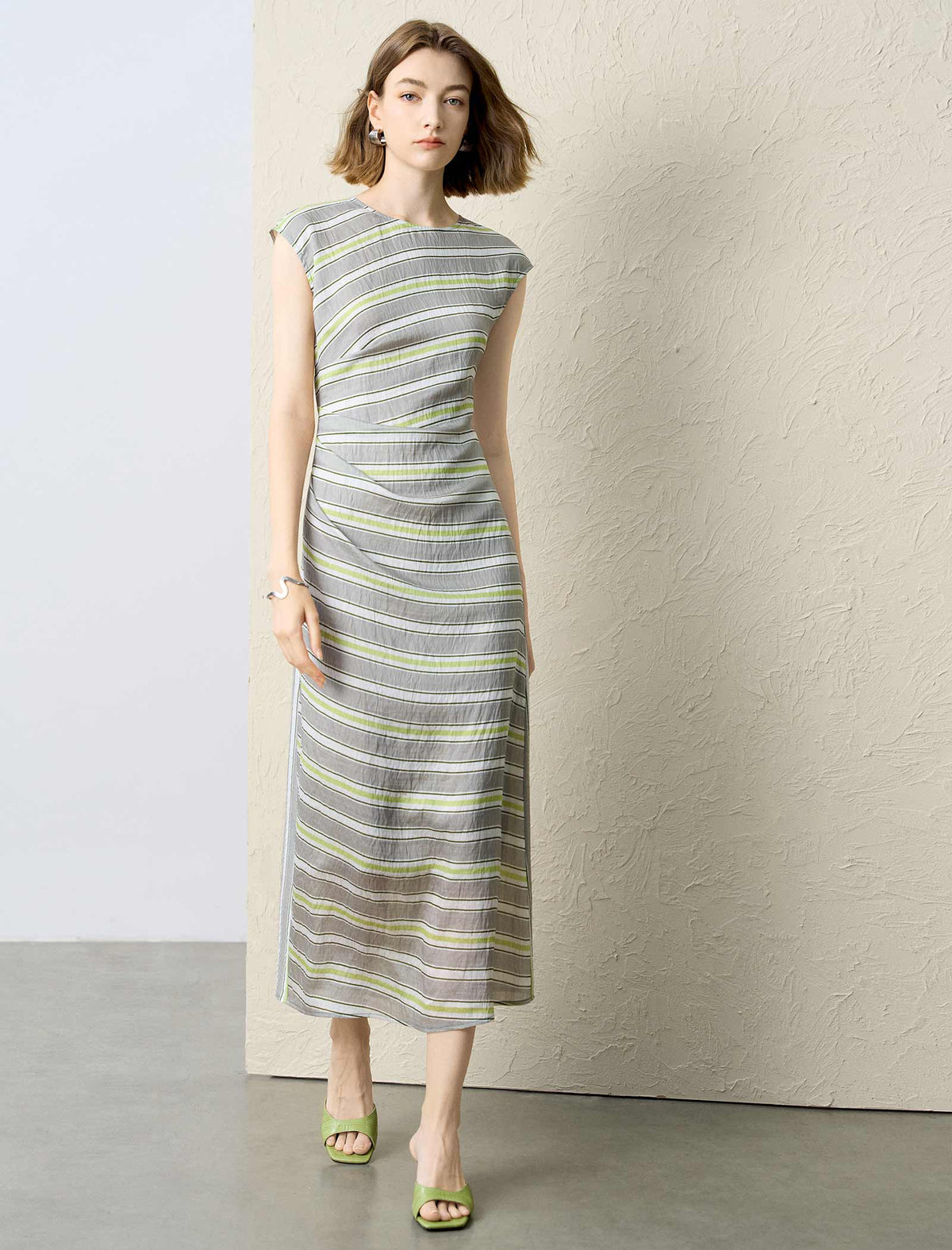 Tencel Linen Stripe Cap Sleeve Midi Dress