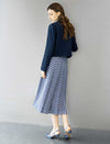 Blue And White Chevron Pleated Midi Skirt