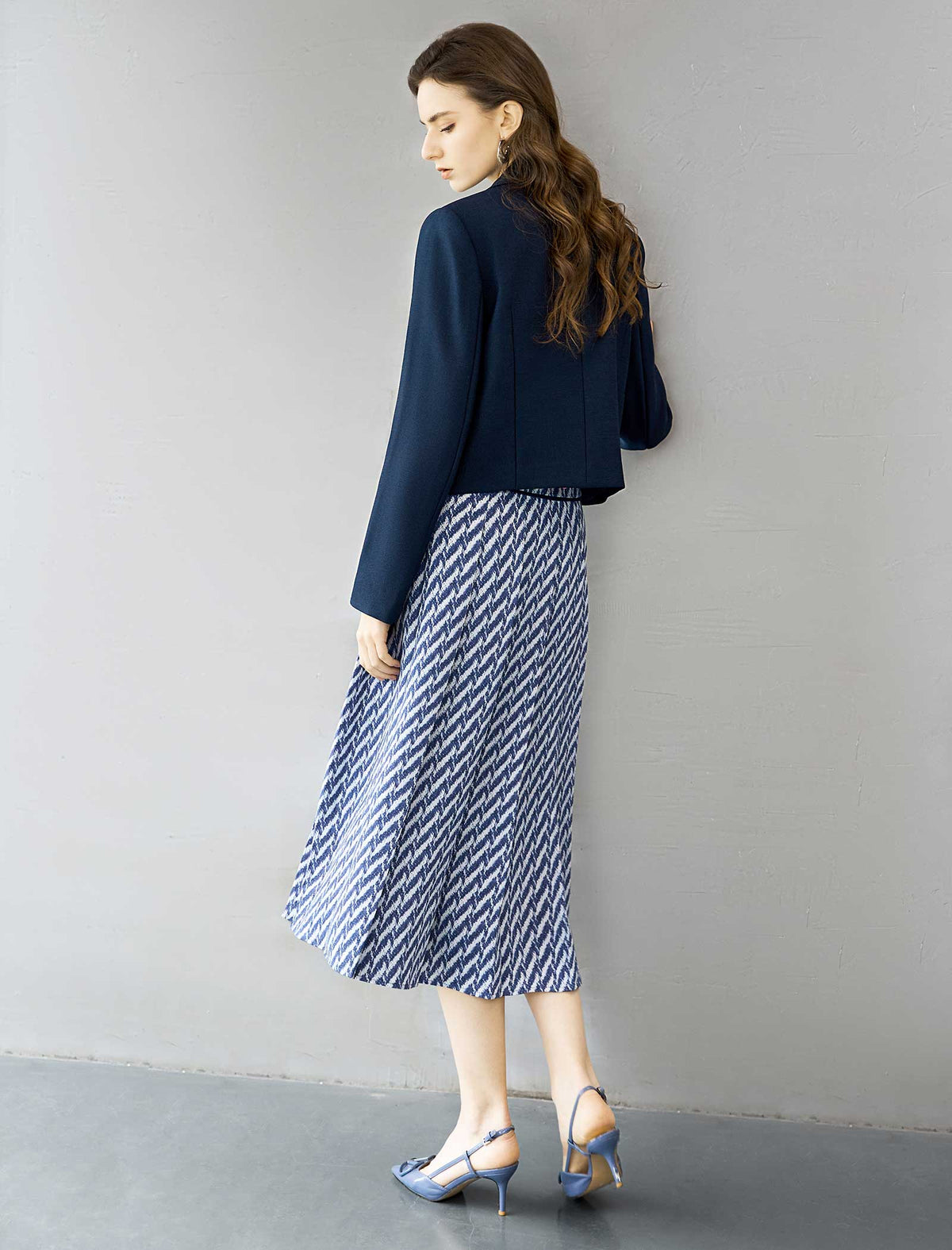 Blue And White Chevron Pleated Midi Skirt
