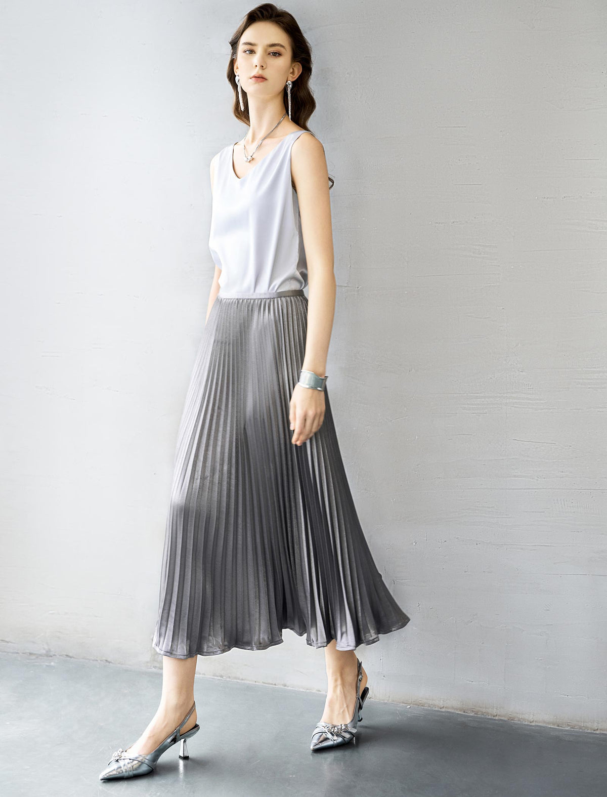 Grey Metallic Pleated Midi Skirt