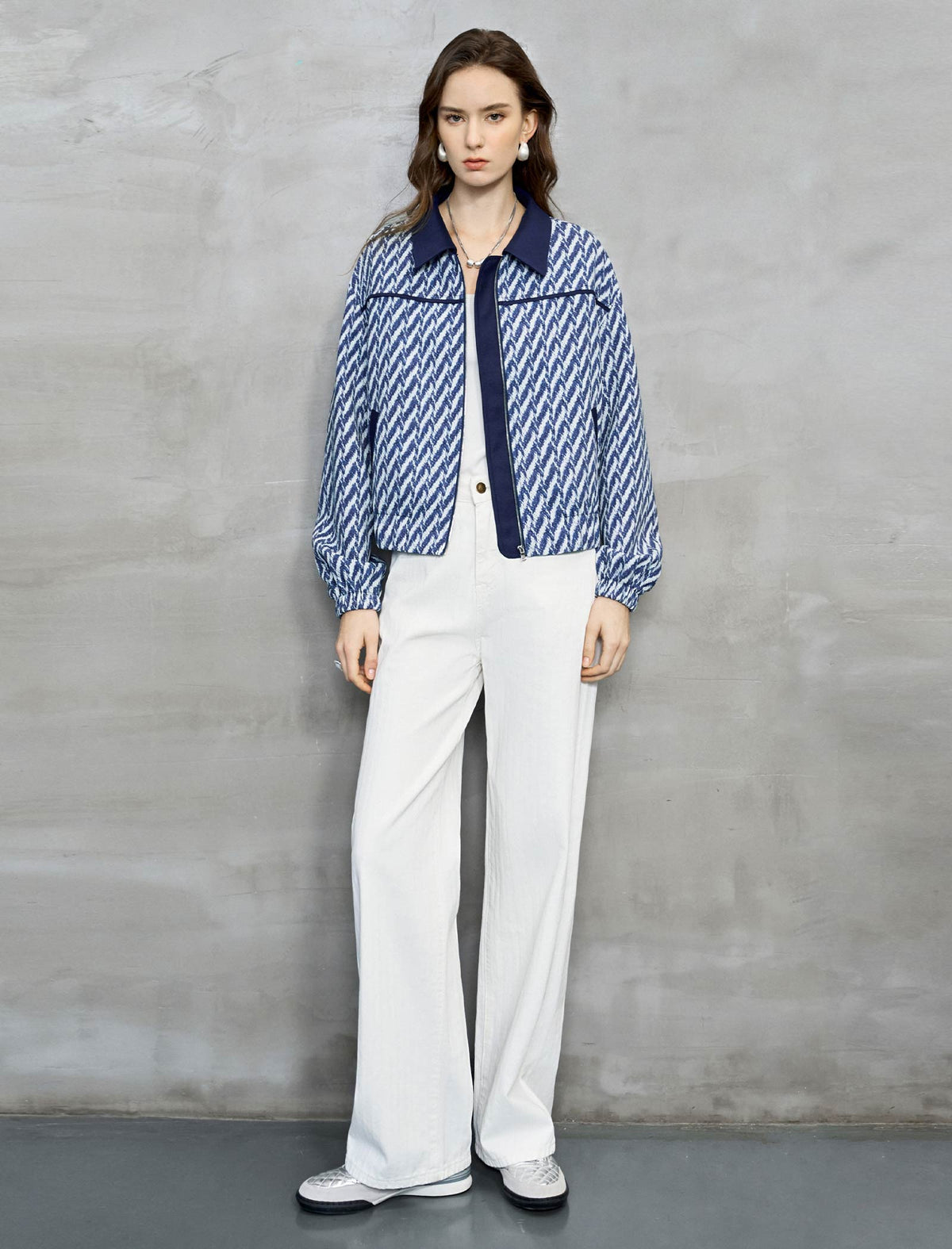 Navy And White Diagonal Jacquard Cropped Jacket