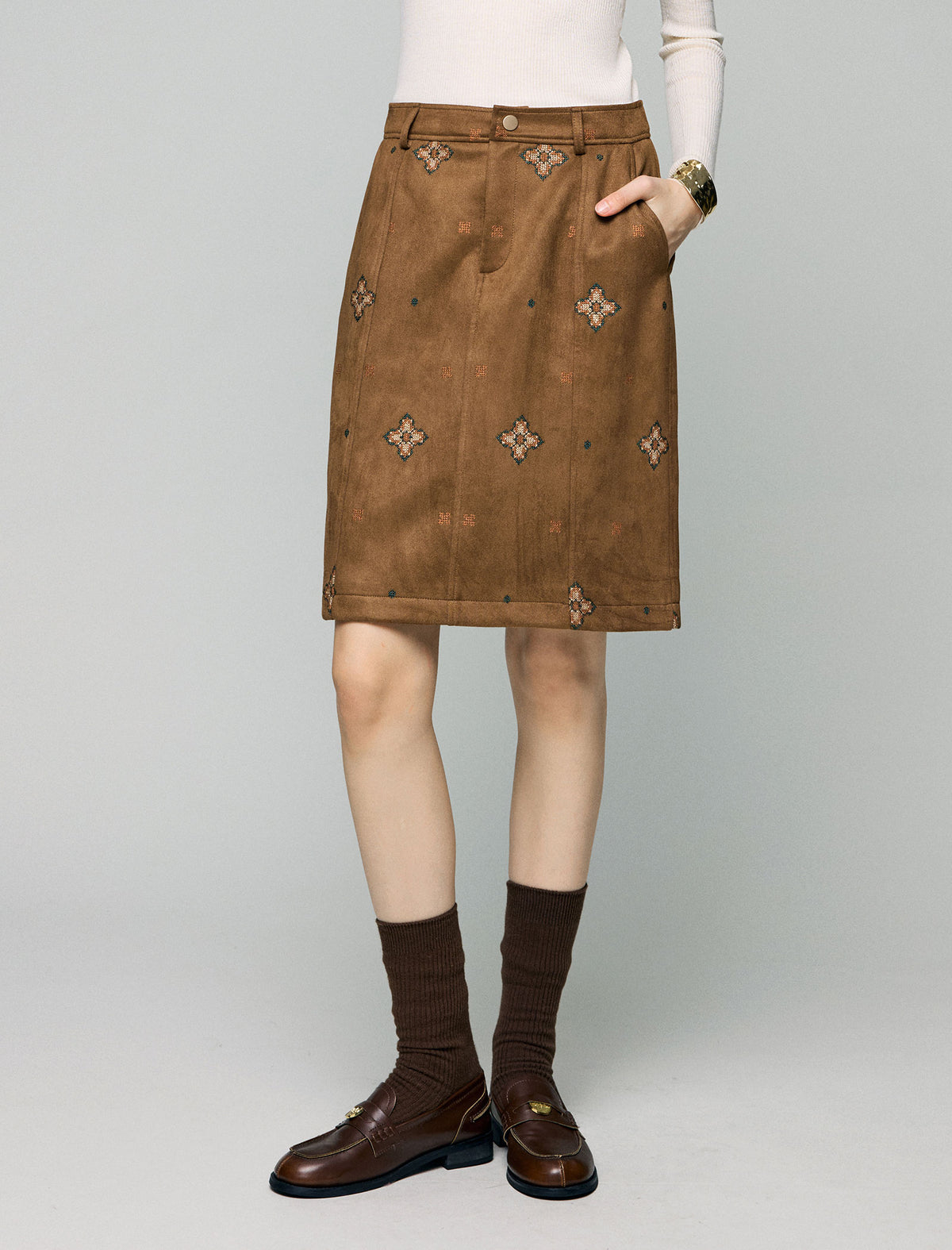 Embroidered Geometric High-Waist A-Line Midi Skirt