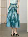 Green Blue Watercolor Print Chiffon Midi Skirt