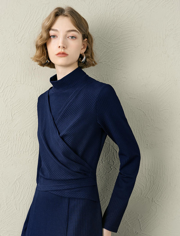 Navy Mock Neck Wrap Dress