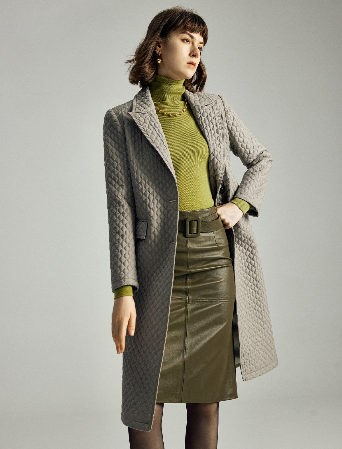 Quilted Notched-Lapel Pocket Padded Coat