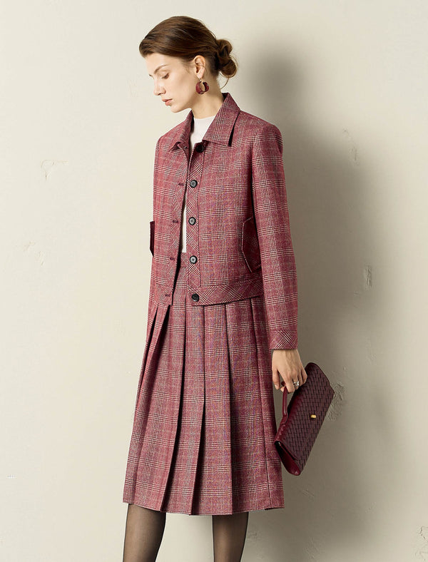 Plaid Jacket and Pleated Skirt Two-Piece Set