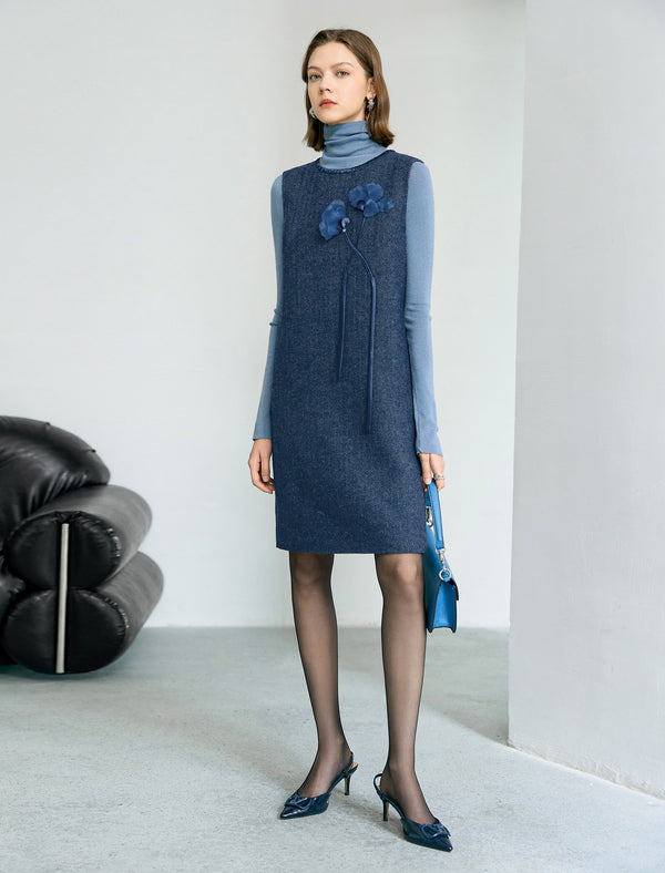 Wool Floral Detail Herringbone Sleeveless Shift Dress