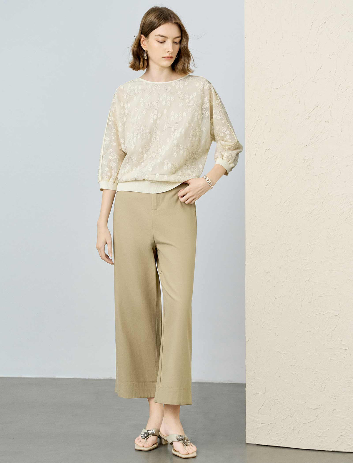 Tencel Khaki High Waisted Wide Leg Cropped Pants