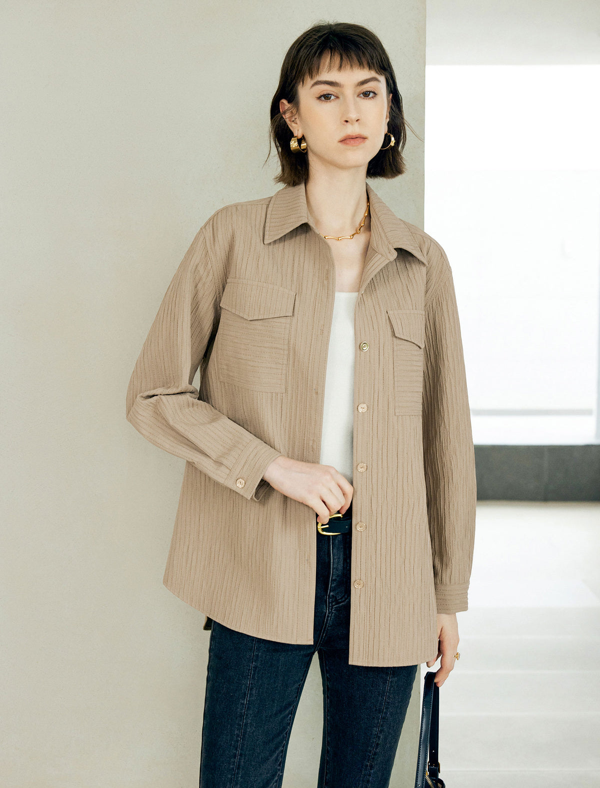 Vertical Textured Dual Chest Pocket Oversized Button Down Shirt