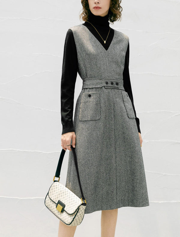 Wool V-Neck Belted Sleeveless Midi Dress