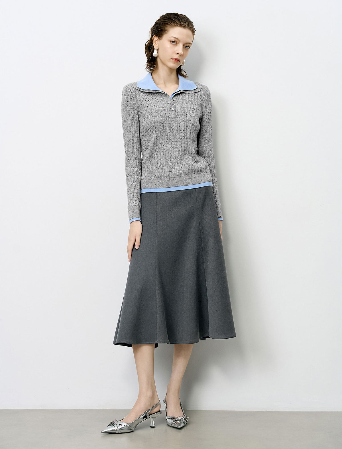 High Waist Grey Flared Midi A-Line Skirt