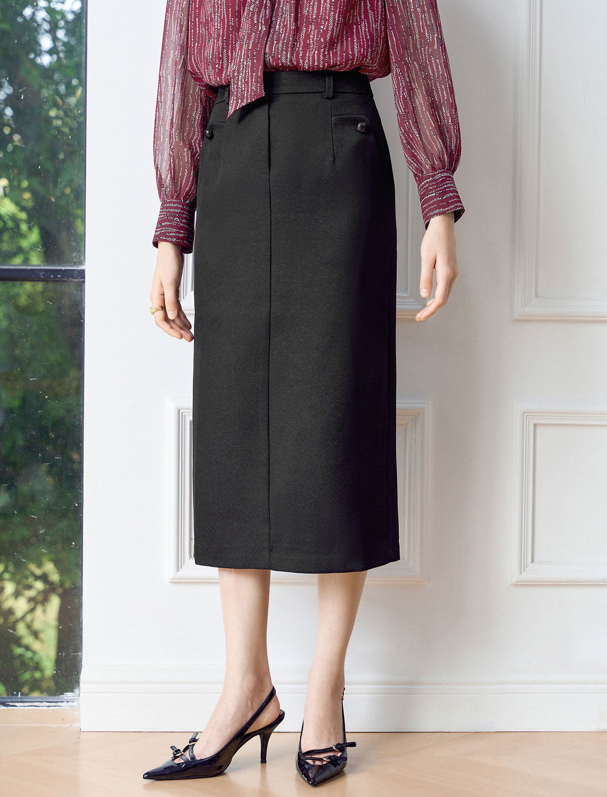 Button Pockets Back Slit High Waist Pencil Skirt