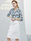 Leaf Print Ruffle Front Blouse