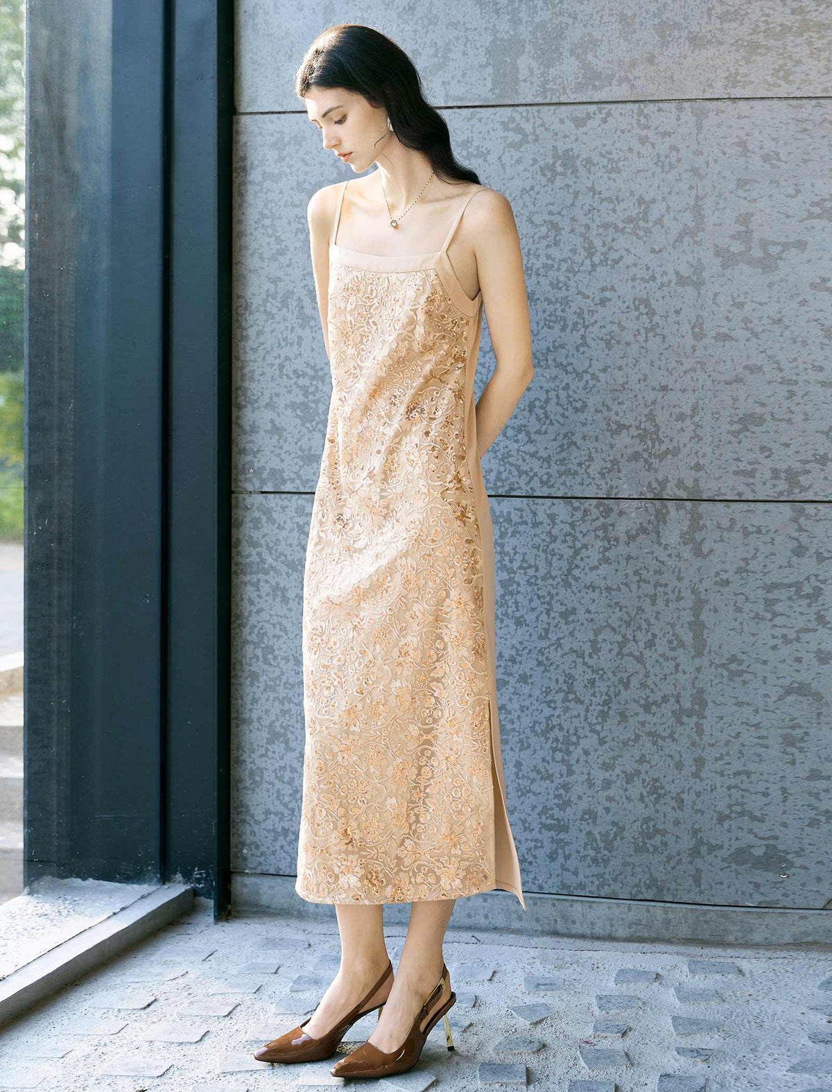 Champagne Sequin Embroidered Slip Midi Dress