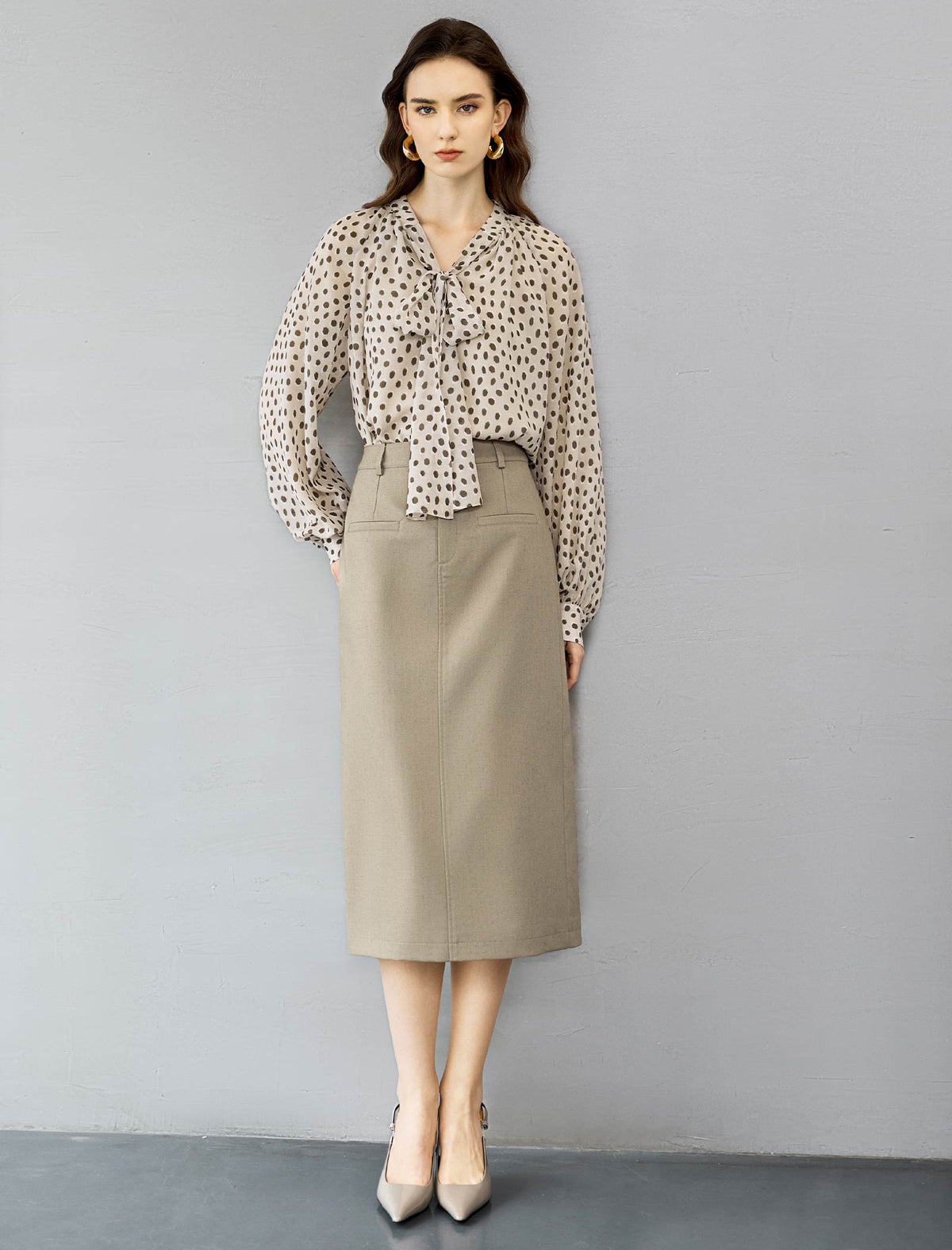 Oatmeal Ditsy Dot Tie-Neck Blouse