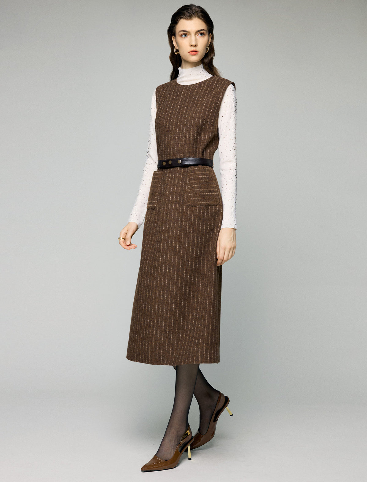 Wool Blend Striped V-Neck Belted Sleeveless Midi Dress