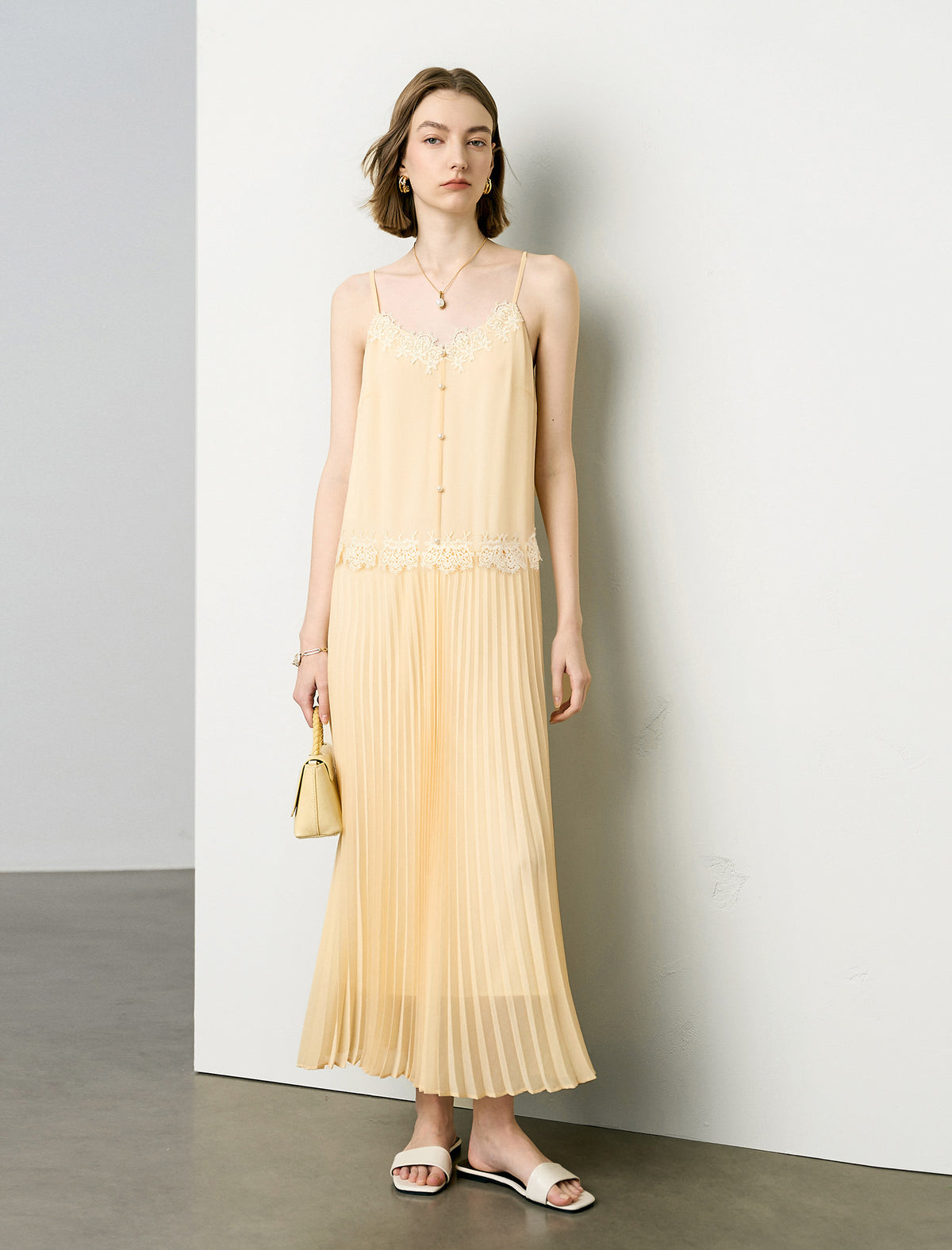 Chic Lace Embellished Pleated Slip Midi Dress