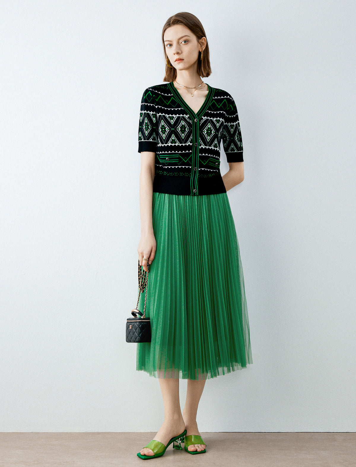 Retro Geo Jacquard Knit Short‑Sleeve Cardigan