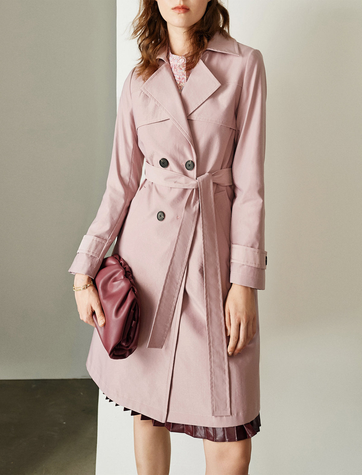 Long Sleeve Double-Breasted Belted A-Line Trench Coat