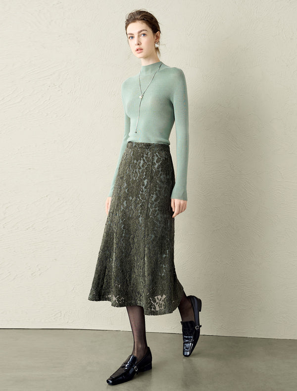 Olive Green Lace Midi Skirt