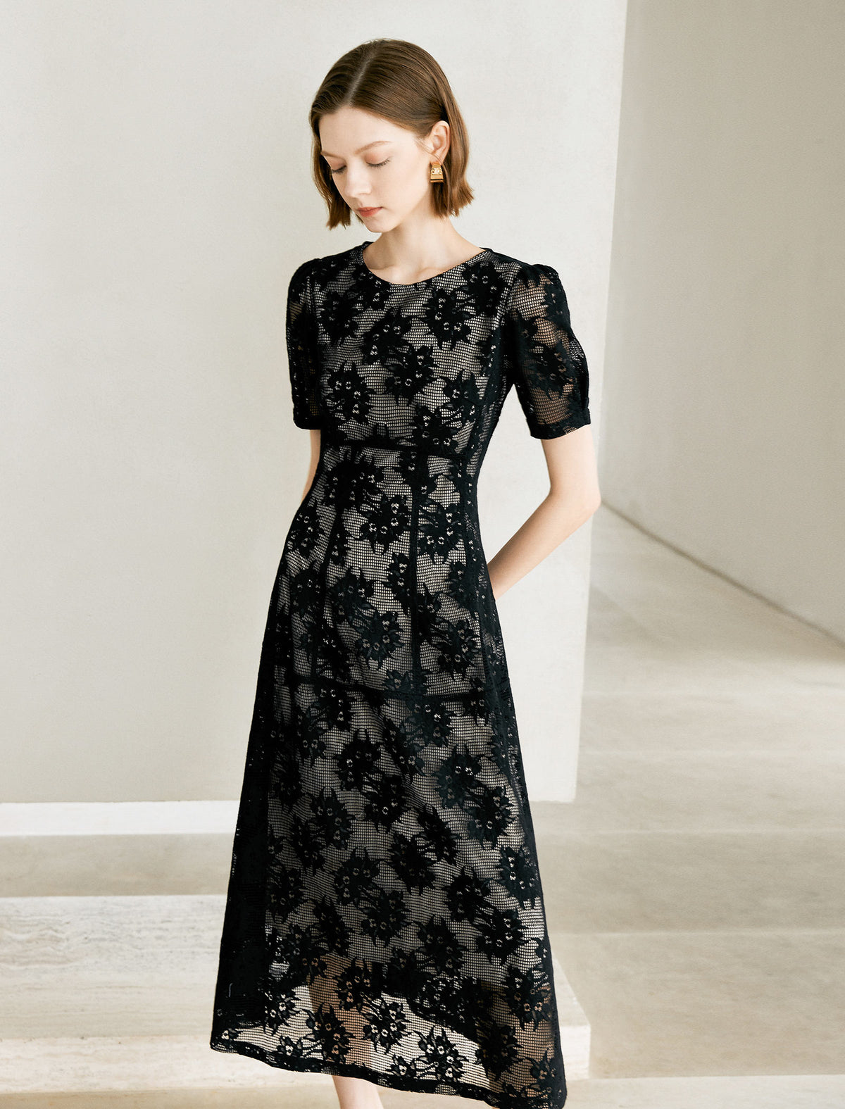 Noir Flocked Lace Midi Dress