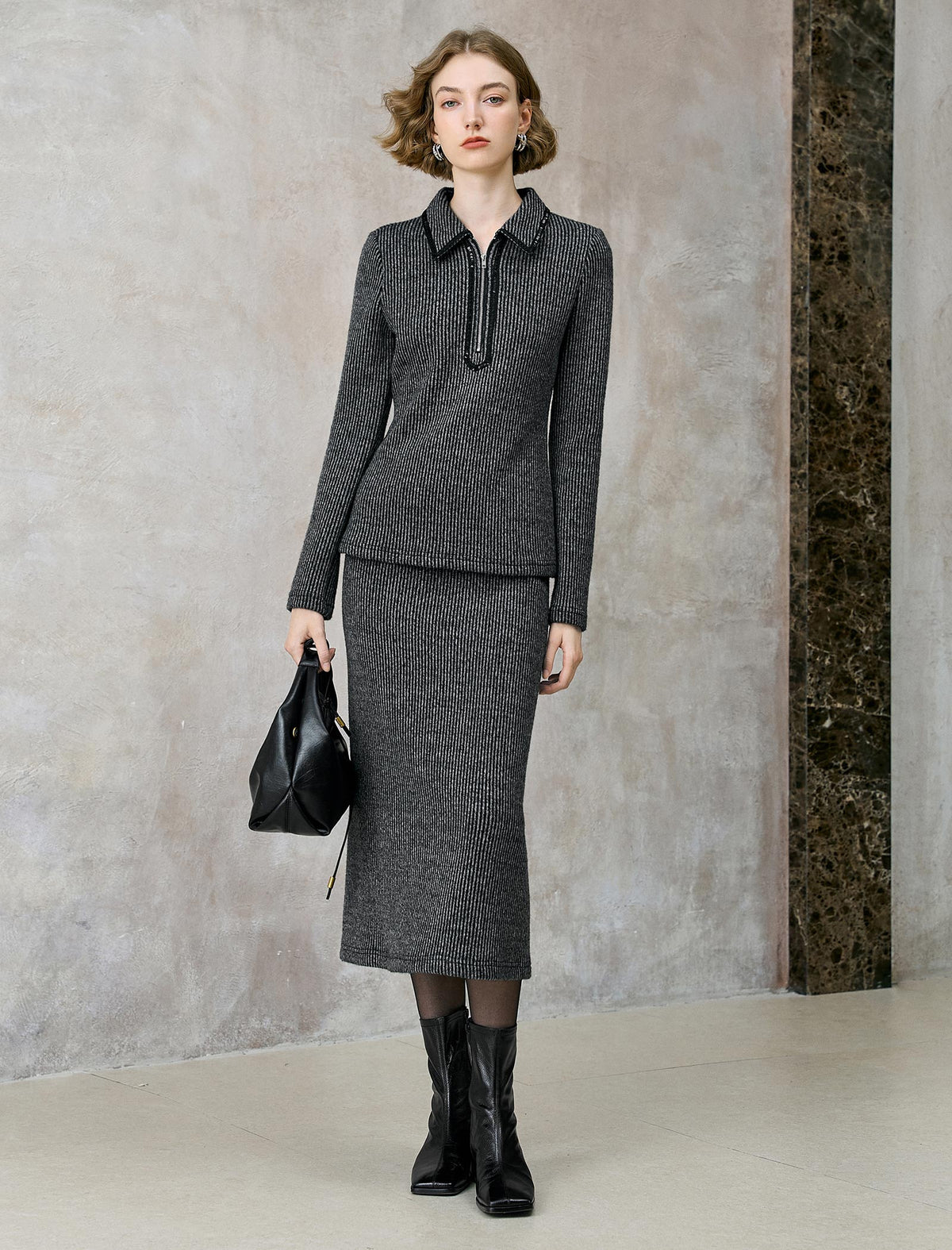 Back Slit Ribbed Knit Midi Skirt