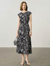 Black Abstract Line Print Sleeveless Tie Waist Midi Dress