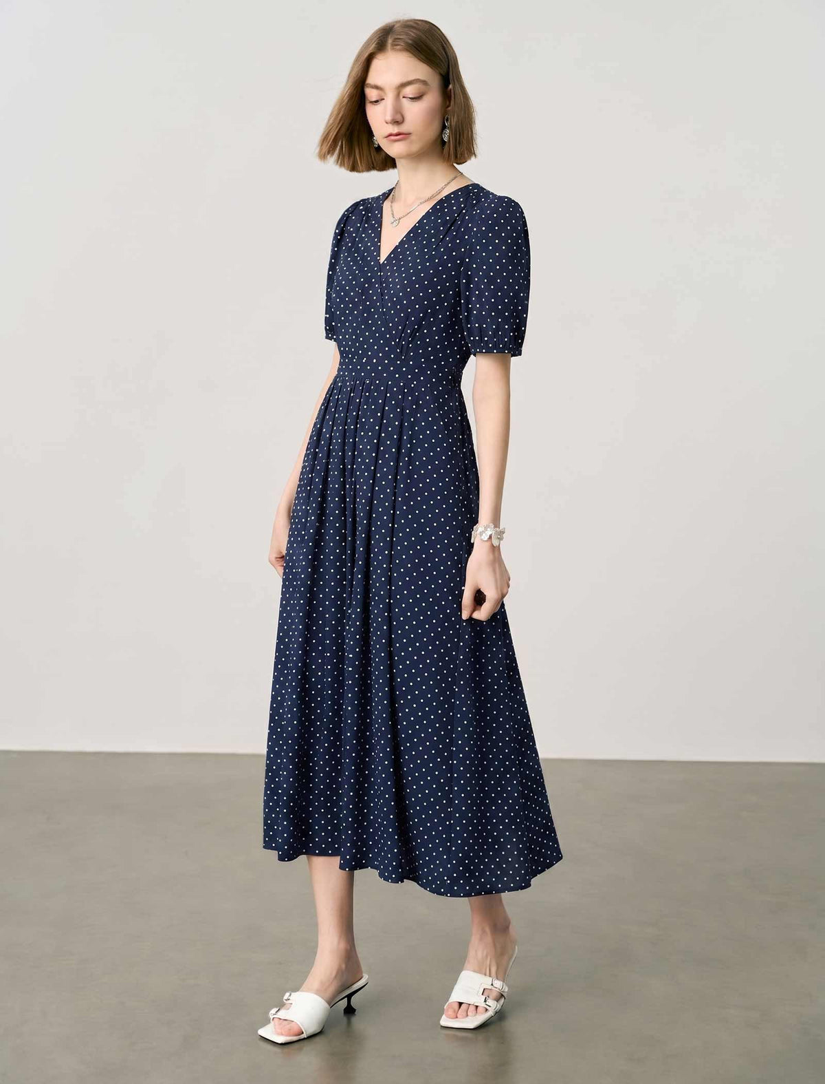 Navy Blue Polka Dot Wrap Midi Dress