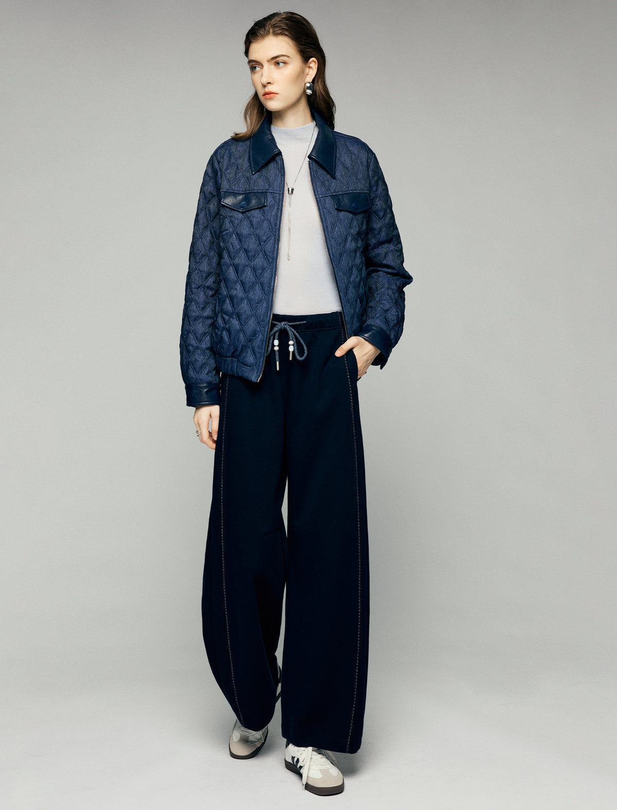 Contrast-Trim Collared Zip-Front Quilted Cropped Jacket