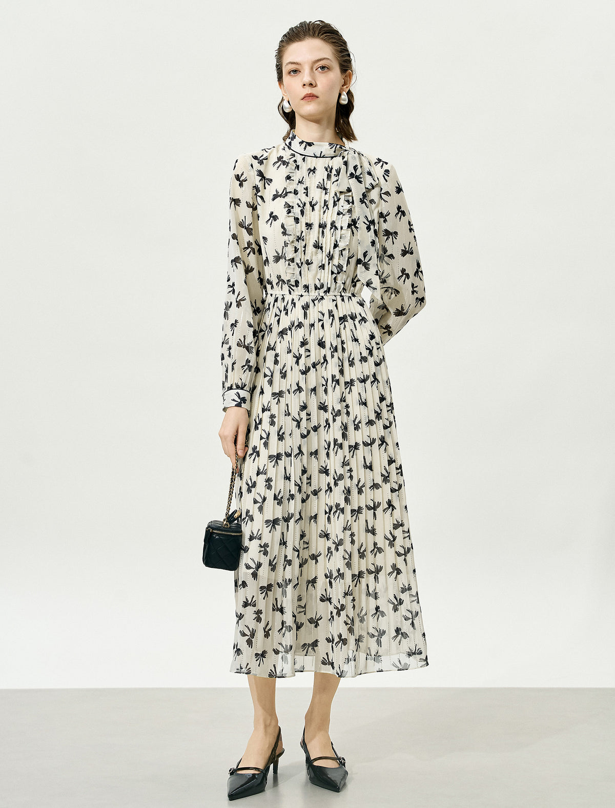 Pleated Tie-Neck Printed Metallic Trim Midi Dress