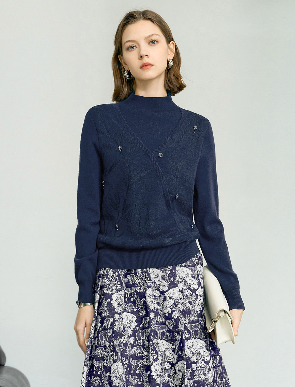 Wool Blend Mock Neck Jacquard Knit Sweater