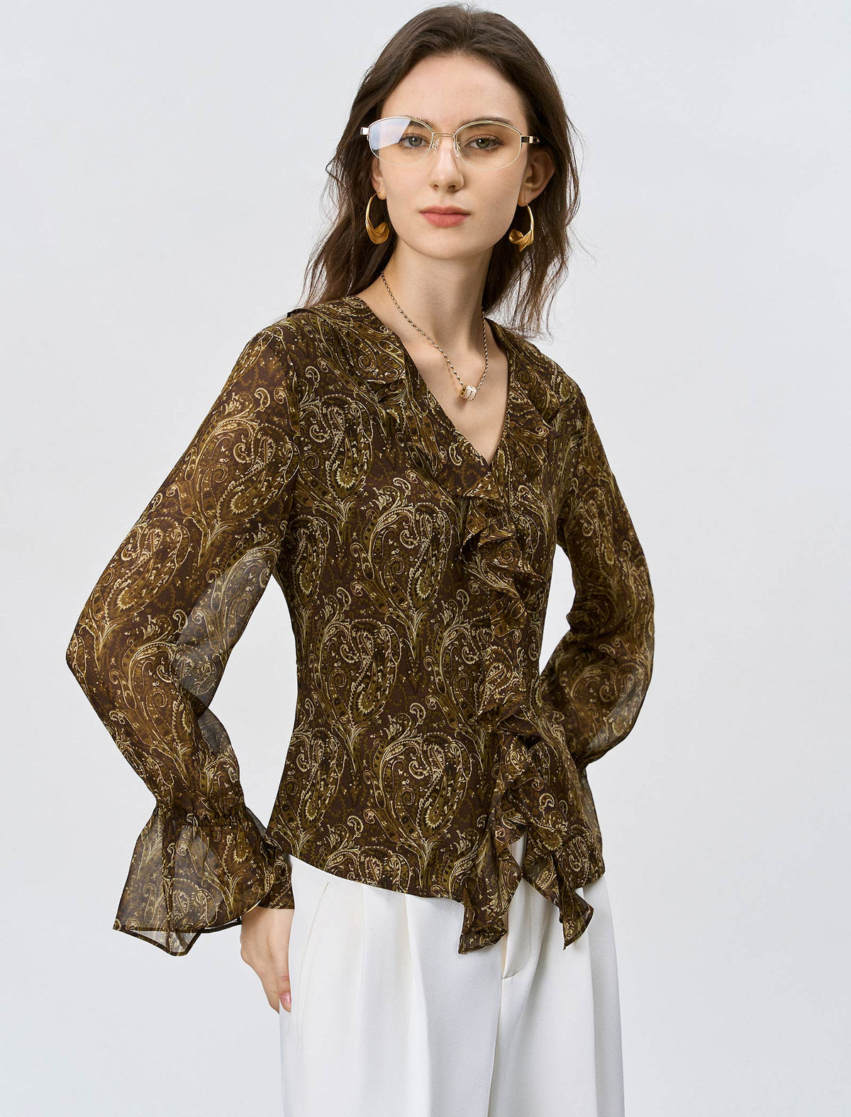 Brown Paisley Print Ruffle Chiffon Blouse