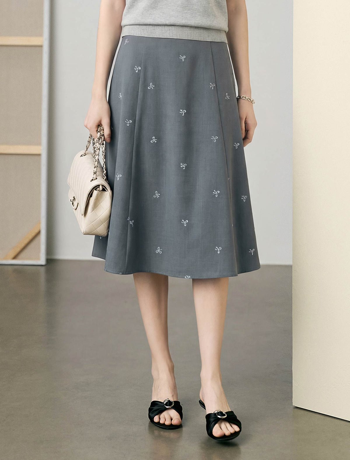 Grey Mini Bow Embroidery A-Line Midi Skirt