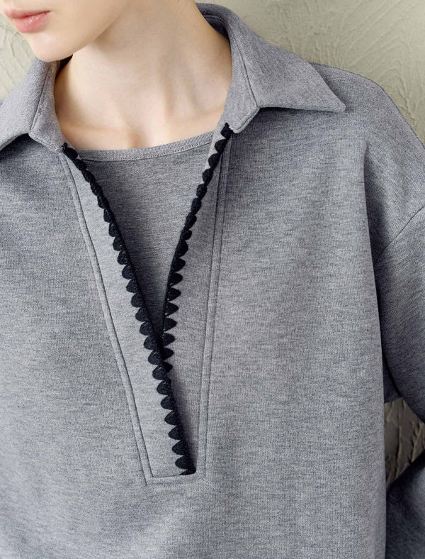 Polo-Collar Contrast Trim Sweatshirt