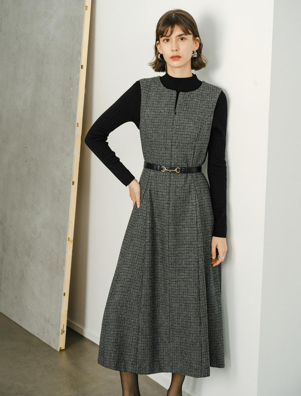Wool Plaid Round Neck Sleeveless Vintage Midi Dress