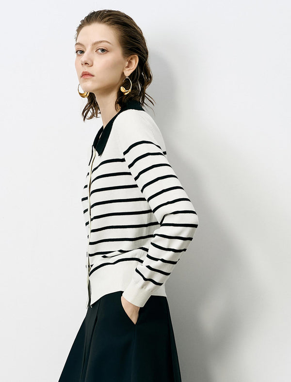 Striped Lapel Slim Fit Long-Sleeve Knit Sweater