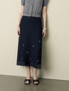 Navy 3D Floral Applique Mesh Hem High Waist Midi Skirt
