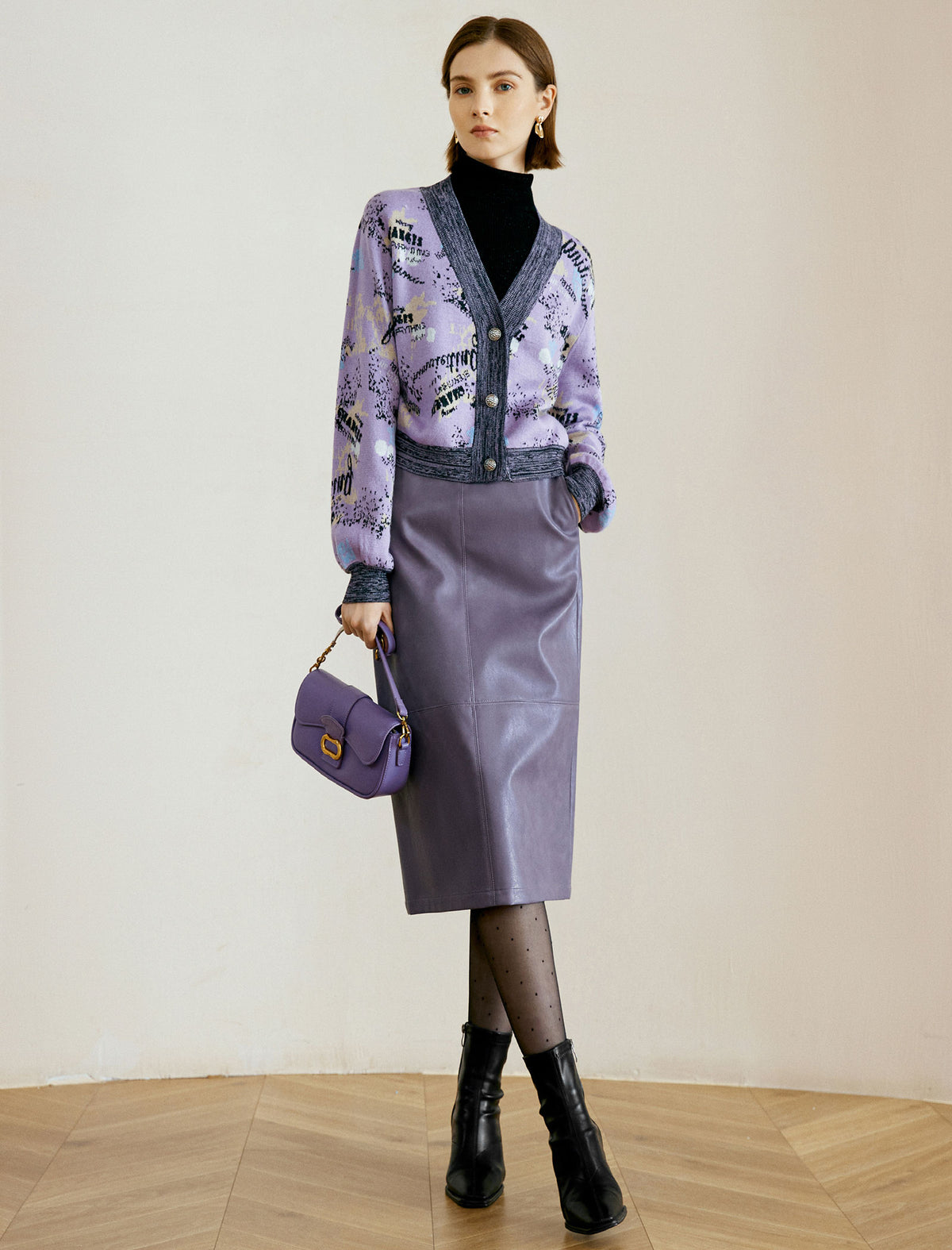 PU Leather Back Slit Midi Skirt