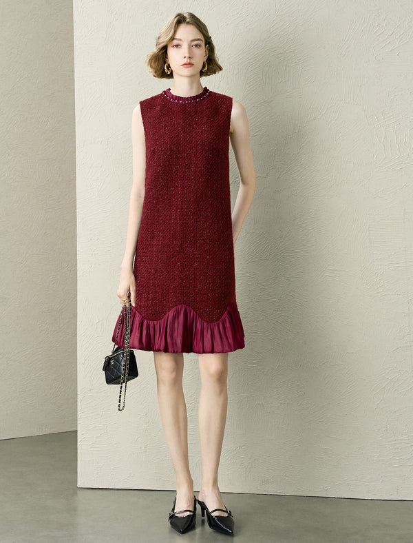 Burgundy Tweed Wool Blend Ruffle Hem Sleeveless Midi Dress