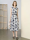Black Ink Floral Sleeveless Belted Midi Dress