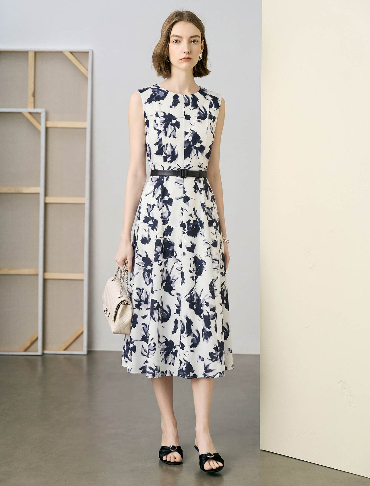Black Ink Floral Sleeveless Belted Midi Dress