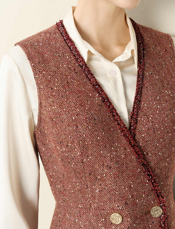 Wool Blend V-Neck Tweed Vest Dress